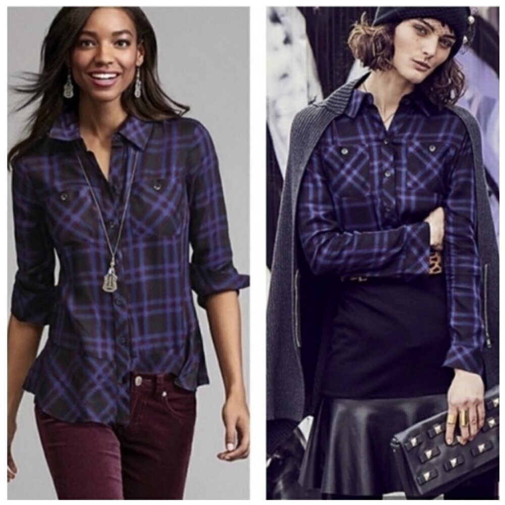 Cabi Moody Plaid Check Button Down Peplum Blue Top Medium #3431